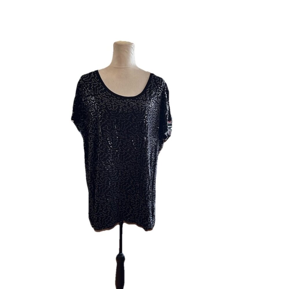 Isaac Mizrahi All Over Beaded Shirt Black  Sz 2X Stretchy Short Sleeve